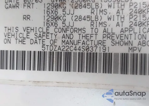 2004 Toyota Sienna Xle из США, поврежденный, VIN 5TDZA22C44S037191